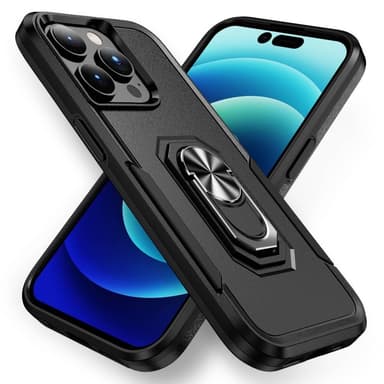 iPhone 14 Pro Hybrid Deksel Med Fingerring & Metallplate - Svart