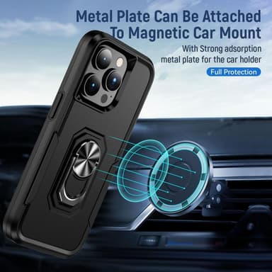 iPhone 14 Pro Hybrid Deksel Med Fingerring & Metallplate - Svart