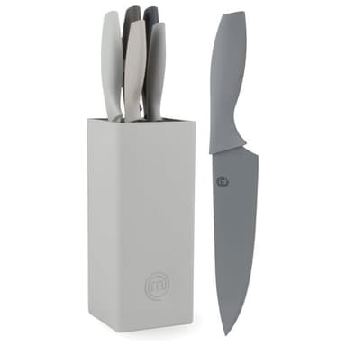 Masterchef Knivsett med 5 kniver i en knivblokk - Grå - Kjent fra MasterChef Norge