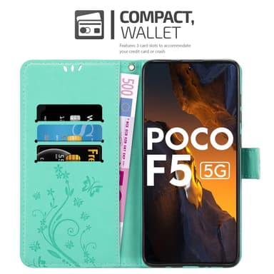 Xiaomi Poco F5 lommebokdeksel Blomster (Turkis)