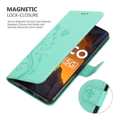 Xiaomi Poco F5 lommebokdeksel Blomster (Turkis)