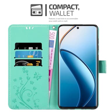 Realme 12 Pro lommebokdeksel Blomster (Turkis)