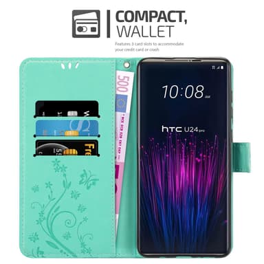 HTC U24 PRO lommebokdeksel Blomster (Turkis)