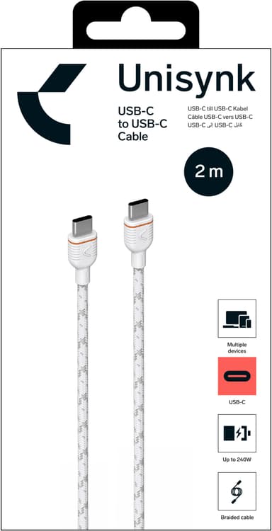 Unisynk USB-C til USB-C ladekabel 2 m (hvit)
