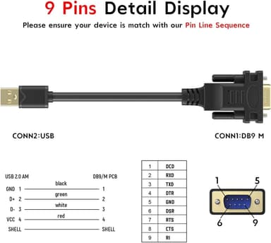 USB-A til RS232 DB9 han-kabel for serielle enheter med FTDI-chipset