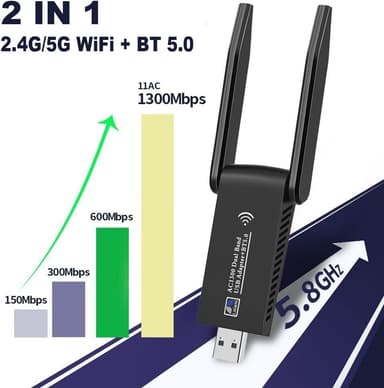 NÖRDIC WIFI6 Bluetooth 5.0 trådløs USB 3.0-adapter Dual Band 2.4/5.8GHz 1300Mbps