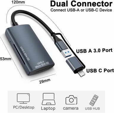 NÖRDIC USB-A, USB-C Kortleser 2 Spor SD4.0, MicroSD4.0 UHS-II