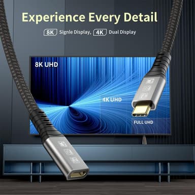 NÖRDIC 1m Thunderbolt 4 forlengelseskabel, USB-C hann til hunn, 240W hurtiglading, 40Gbps, 8K 60Hz