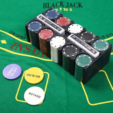 Pokersett med 200 sjetonger, kortstokk og pokerduk i aluminiumsveske