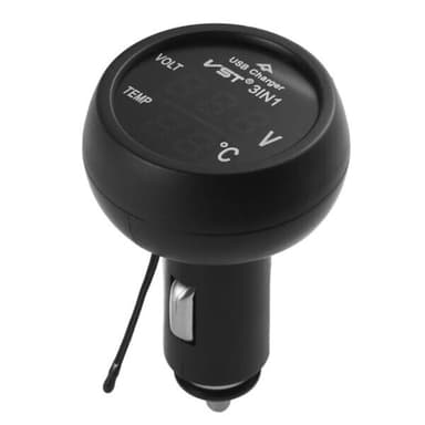 3-i-1 USB-billader med voltmeter og temperaturmåling