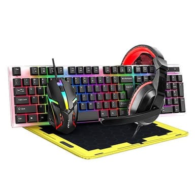 Gaming-sett med LED-tastatur, hodesett, mus og musematte