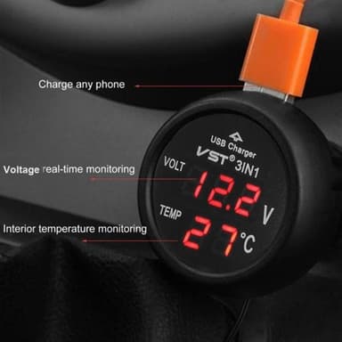3-i-1 USB-billader med voltmeter og temperaturmåling