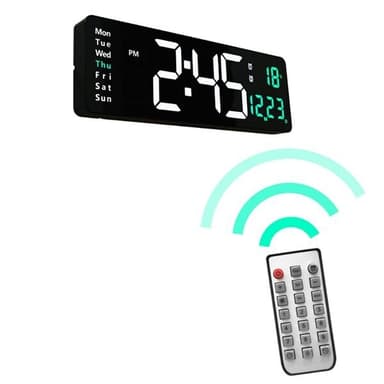 Stor digital veggklokke 38 cm - med temperatur, dato og fjernkontroll