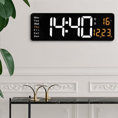 Stor digital veggklokke 38 cm - med temperatur, dato og fjernkontroll