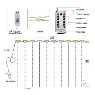 LED Gardin 3x3 meter - Farge
