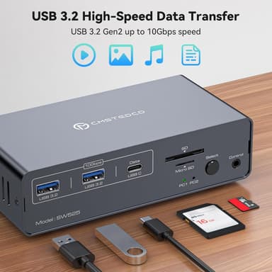 NÖRDIC USB-C Dokkingstasjon med KVM-bryter 2 PC-er 2 skjermer 4K120Hz DP Gigabit Ethernet, kortleser, 4xUSB-A og USB-C