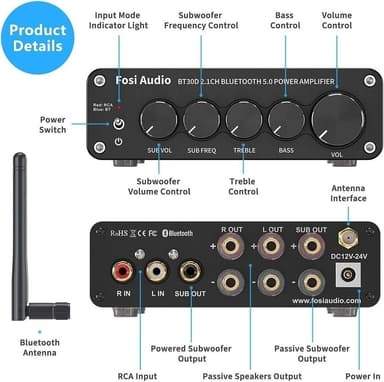 Fosi Audio BT30D Bluetooth 5.0 Stereo Audio Mottaker Forsterker 2.1 Kanal Mini Hi-Fi Klasse D Integrert Amp 2X50 Watt