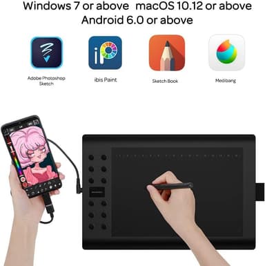 Profesjonelt grafisk tegneblokk med 12+16 programmeringsknapper. Kompatibel med Windows Mac Android og er batterifri.