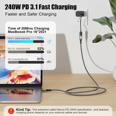 NÖRDIC 25 cm USB3.2 Gen2 20Gbps USB-C til C nylonflettet forlengelseskabel med Power Delivery 240W 4K60Hz