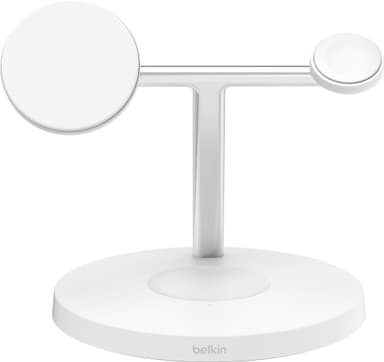 Belkin BoostCharge Pro 3-in-1 Qi2 trådløs ladestativ (hvit)