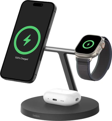 Belkin BoostCharge Pro 3-in-1 Qi2 trådløs ladestøtte (sort)