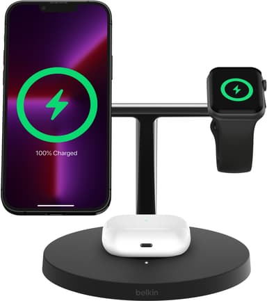 Belkin BoostCharge Pro 3-in-1 Qi2 trådløs ladestøtte (sort)