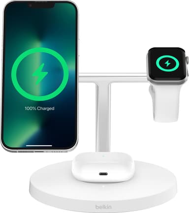 Belkin BoostCharge Pro 3-in-1 Qi2 trådløs ladestativ (hvit)