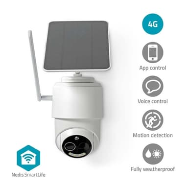 Nedis SmartLife Utendørs kamera | 4G | Full HD 1080p | Panorering og vipping | IP65 | Cloud Storage (valgfritt) / microSD (ikke inkludert) | 5 V DC | Med bevegelses sensor | Nattsyn | Hvit