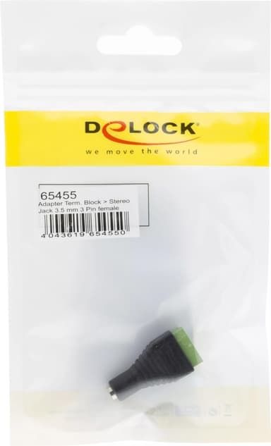DeLOCK adapter, 3,5mm stereo ho till 3-pin terminalblock, svart