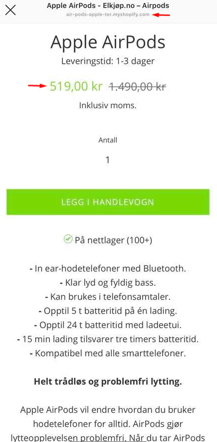eksempel på falskt tilbud fra elkjøp på norsk