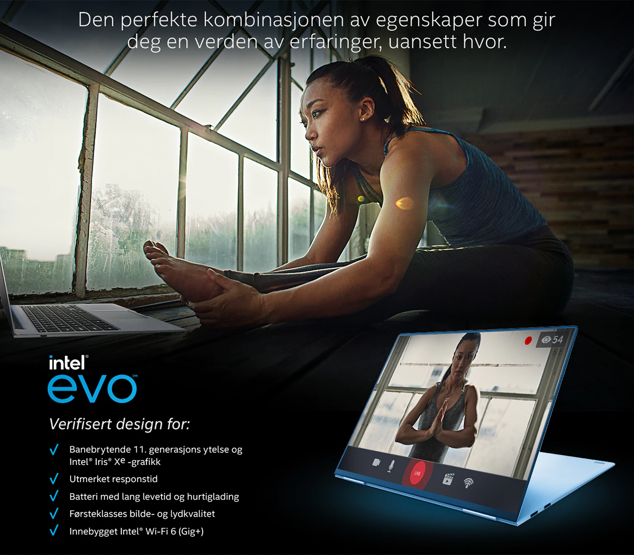Kvinne gjør yogaøvelser foran en Intel EVO laptop med norsk tekst