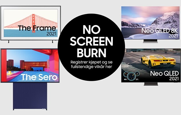 Ulike Samsung 2021 TV-er - No Screen Burn-garanti med norsk tekst