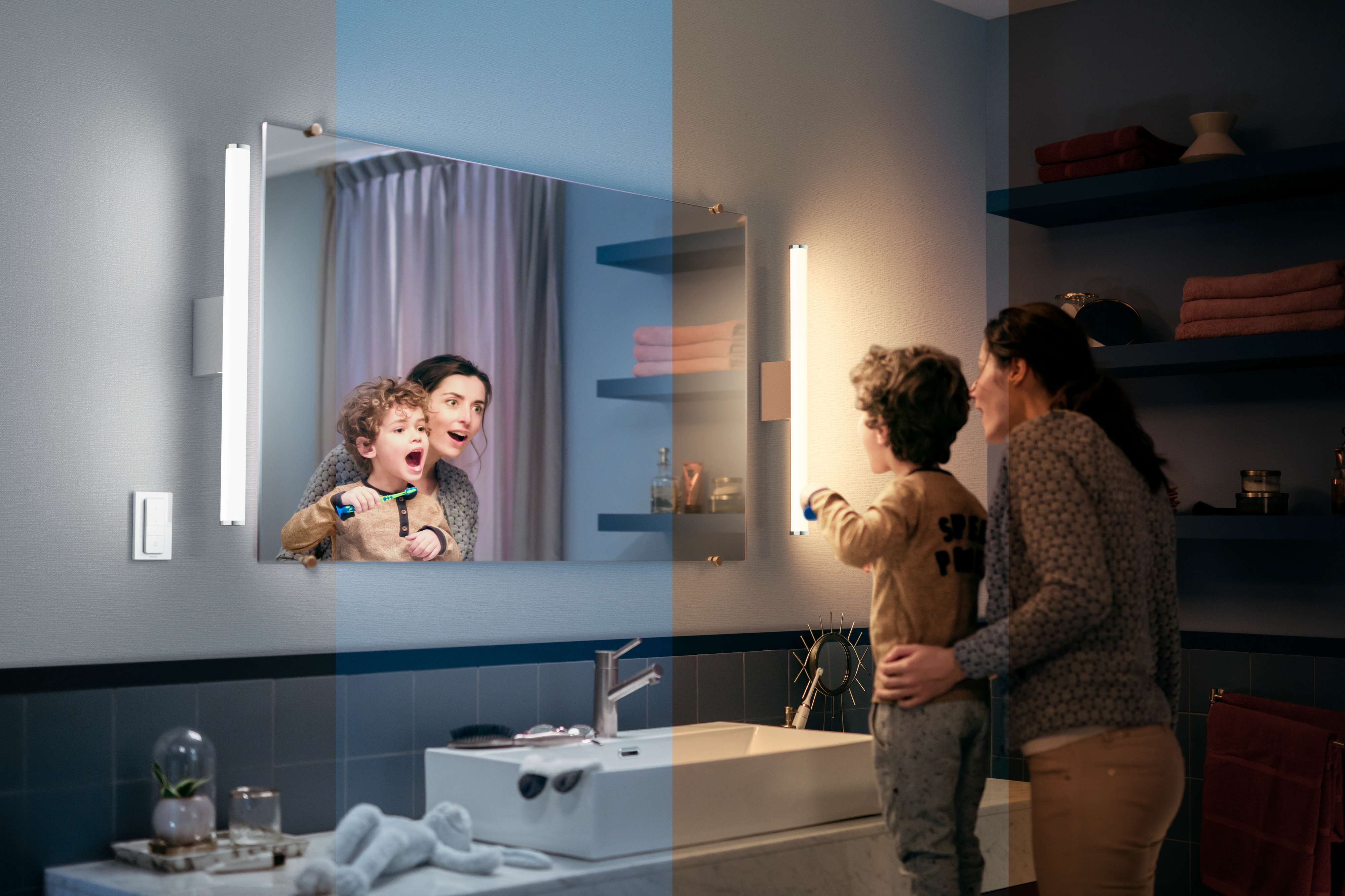 illustrasjon av Philips Hue Adore downlights på et bad hvor en gutt og en dame står og pusser tenner foran speilet