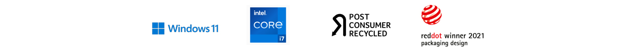 Logos for Windows 11, Intel Core, PCR, Reddot winner