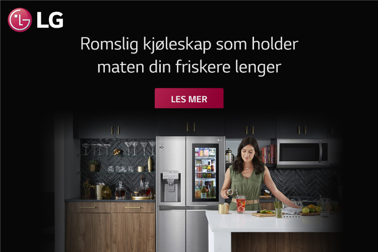 Dame som står på kjøkken og teksten "Romslig kjøleskap som holder maten din frisk lenger" og LG-logo