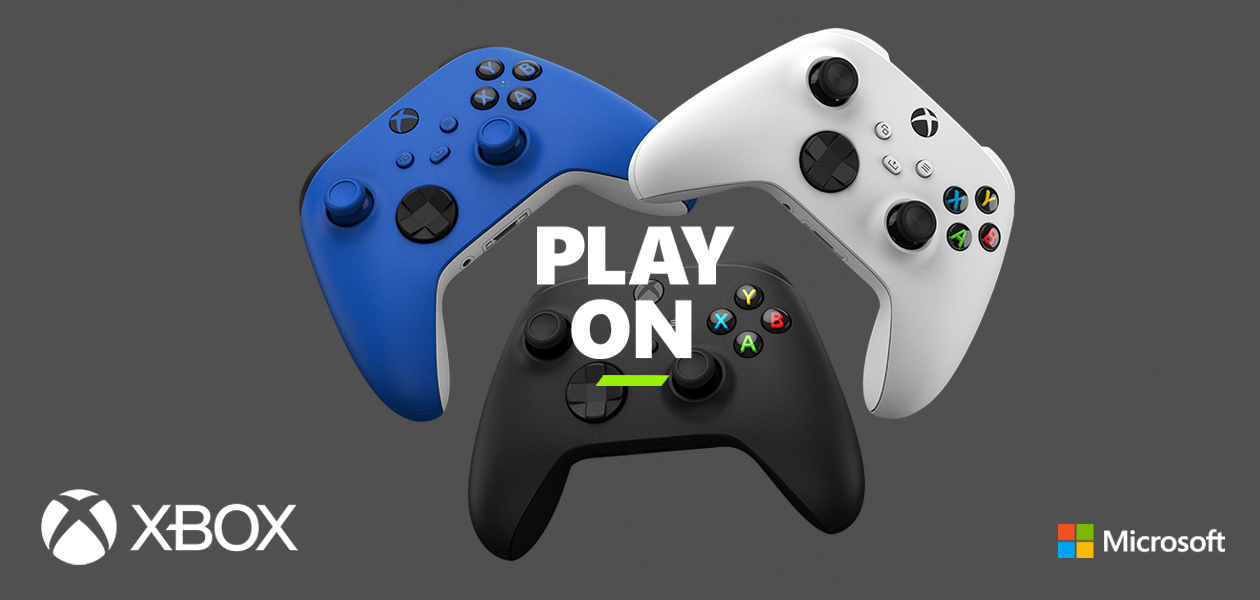 3 xbox-kontrollere med teksten Play On