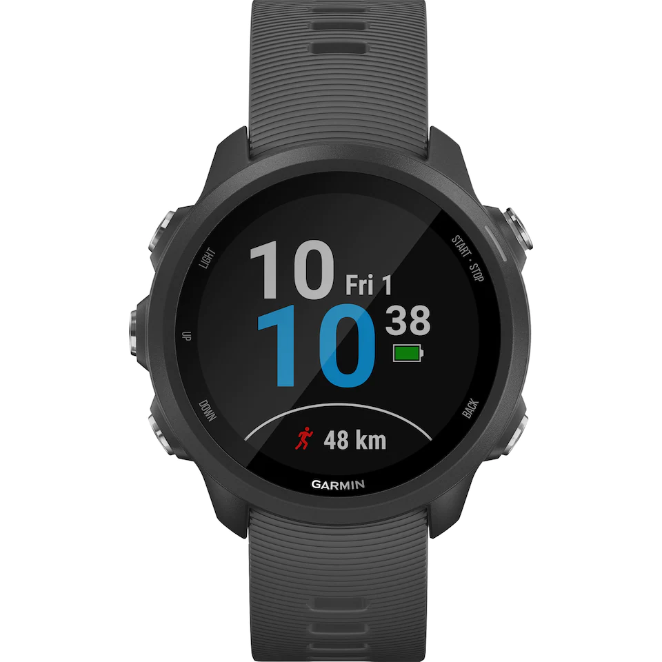 En Garmin 245 som viser tid, batteri og avstand
