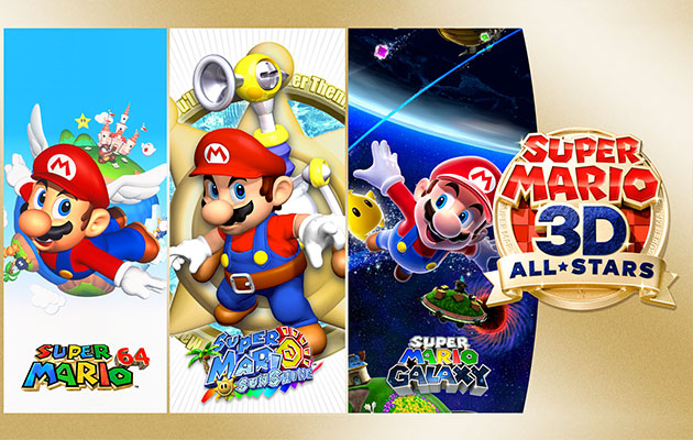 kollasje med tre ulike super mario-spill og super mario 3d all-stars logo