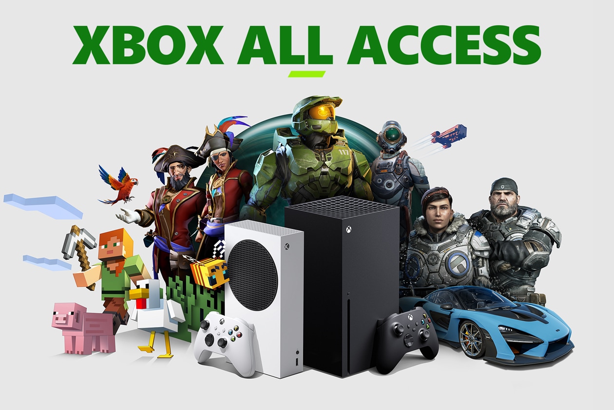 Xbox all access kollasje med spillfigurer og konsoll