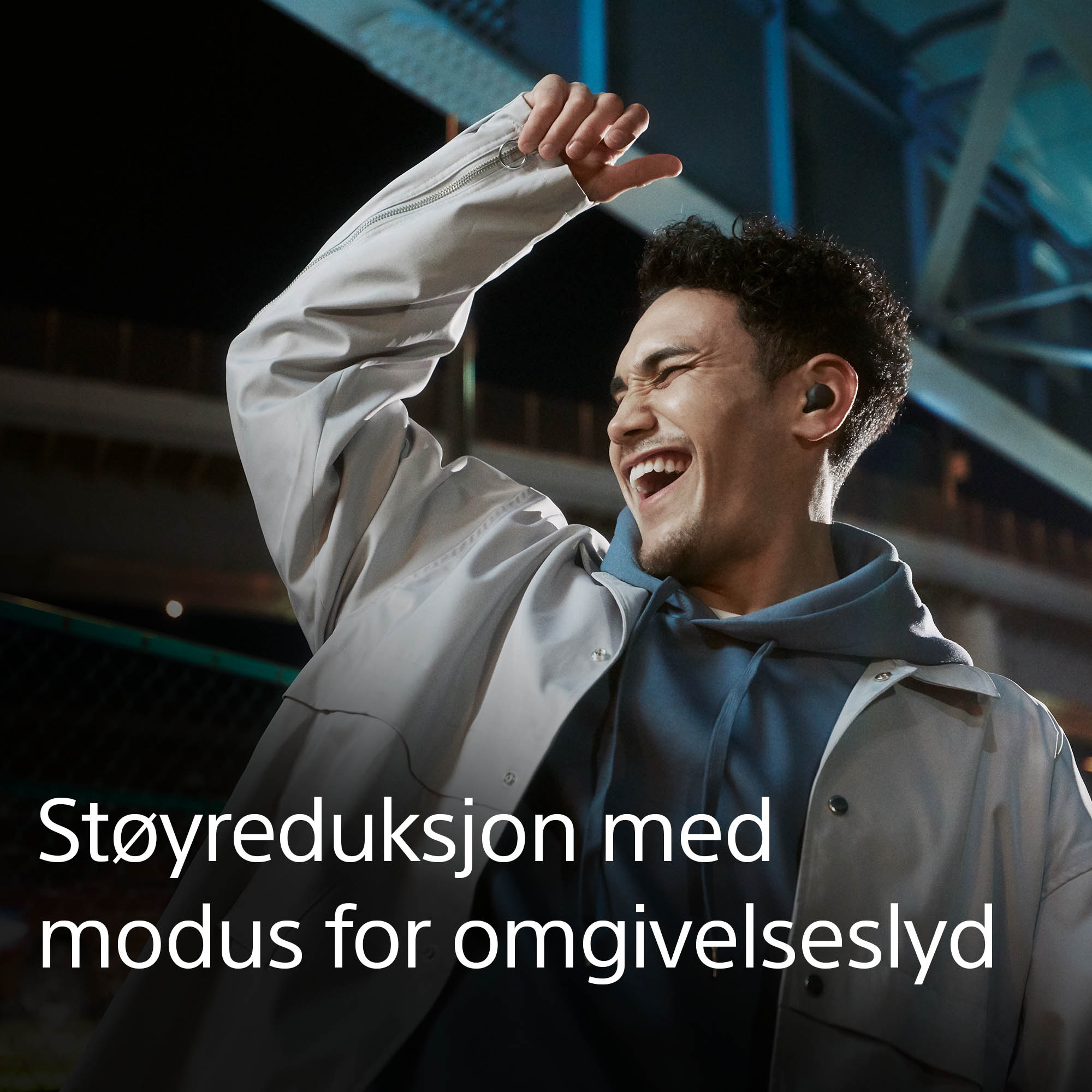 Mann med LinkBuds S og tekst om støydemping