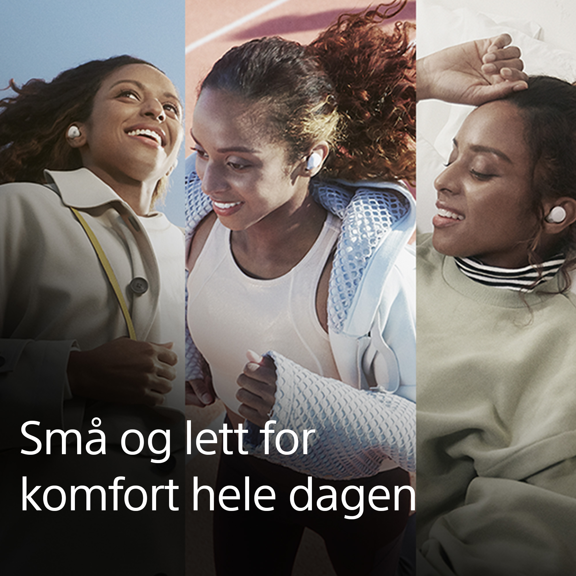Tre kvinner med LinkBuds og tekst om komfort