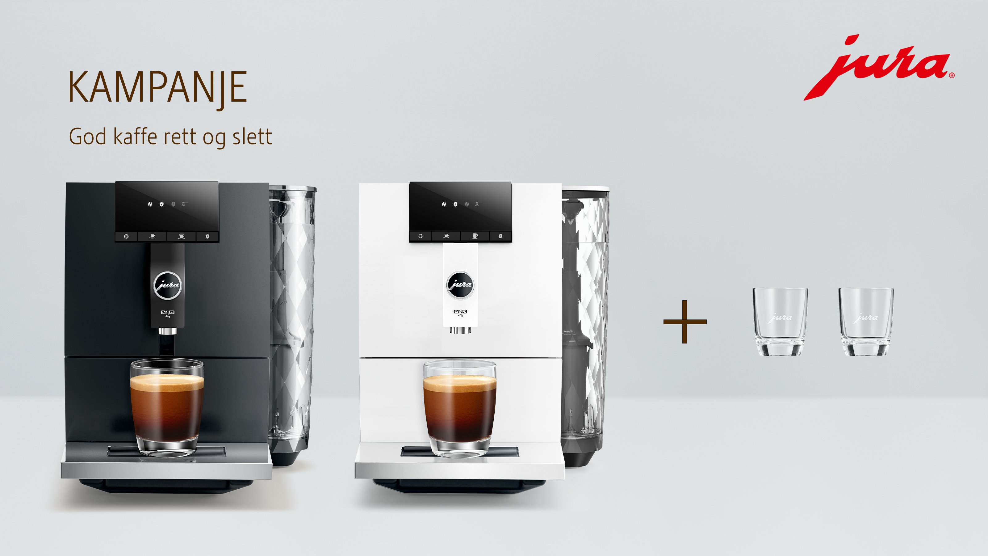 To Jura ENA 4 kaffemaskiner og kampanjetekst