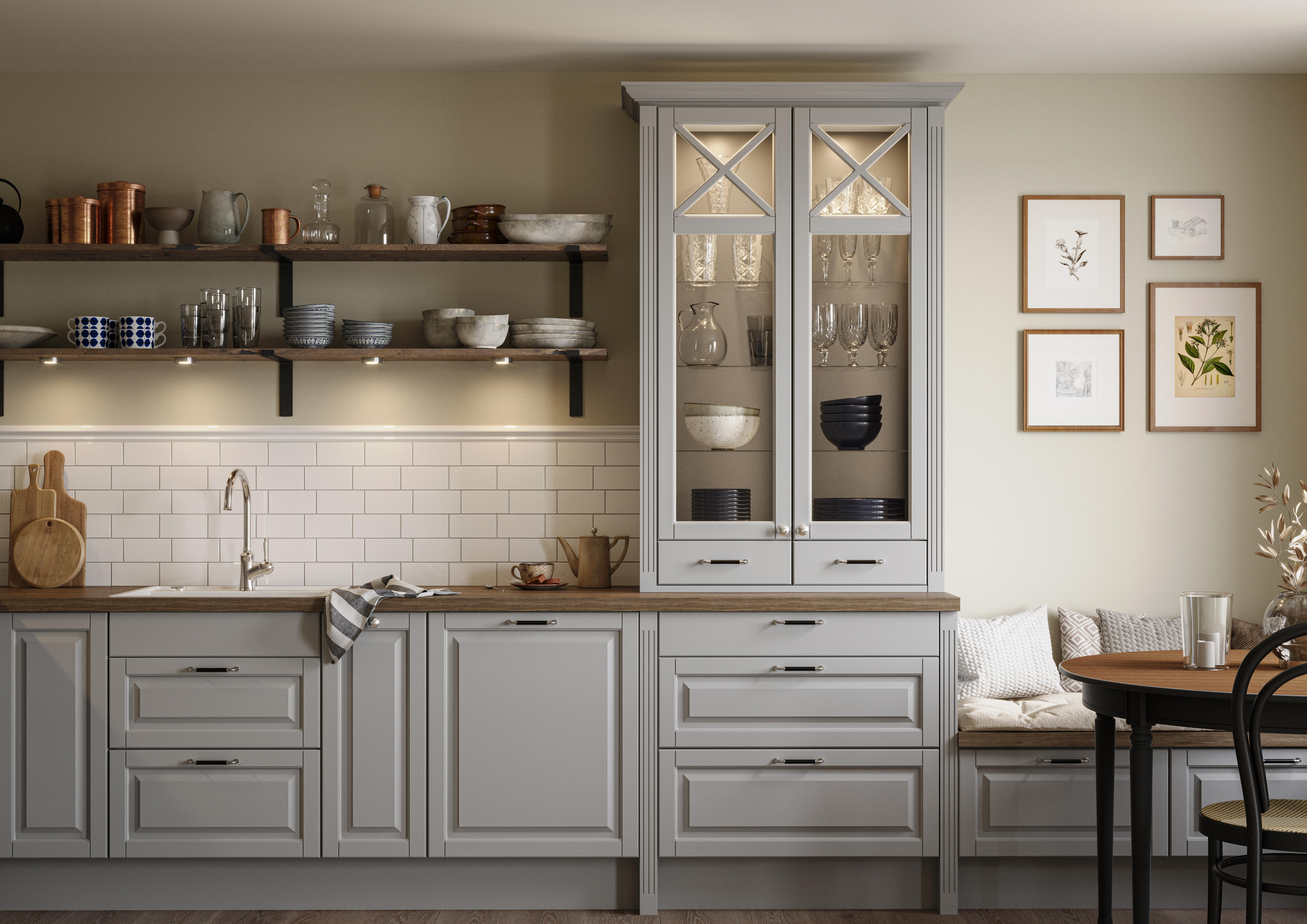 Heritage Light Grey-kjøkken med vitrineskap og laminatbenkeplate Medusa Brown