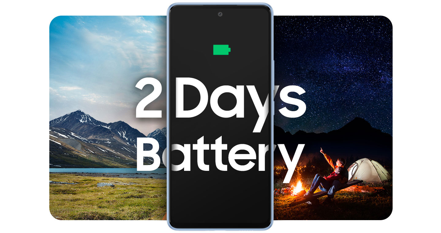 En Galaxy A53 5G mellom to landskapsbilder og tekst  i midten sier 2 dagers batteritid.