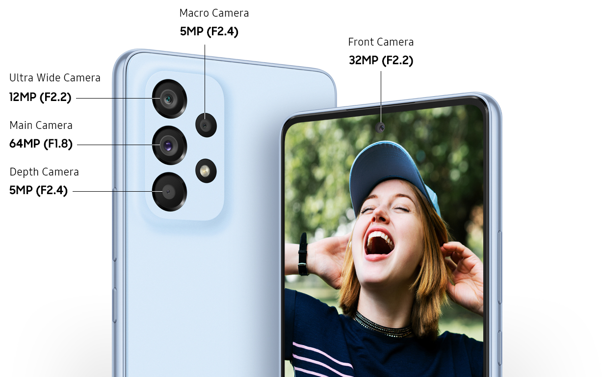 To Galaxy A53 5G-mobiler, begge i Awesome Blue, som viser fremside og bakside av mobilene.