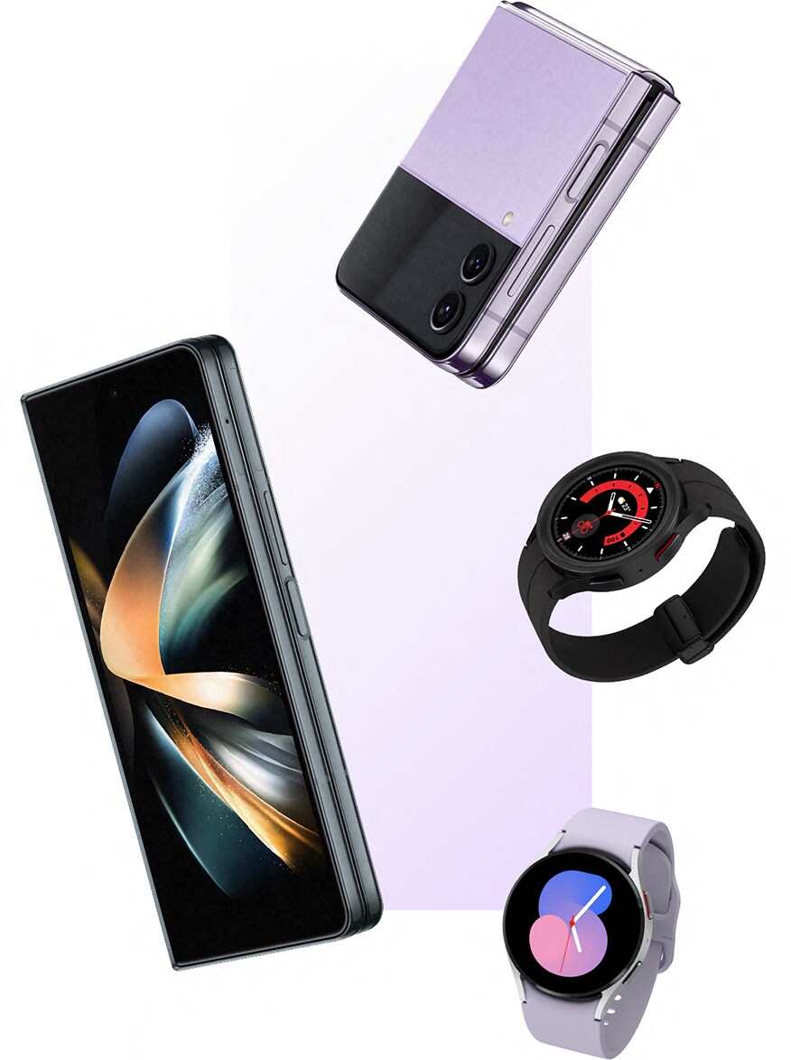 Samsung Galaxy smarttelefon, klapptelefon og to smartklokker