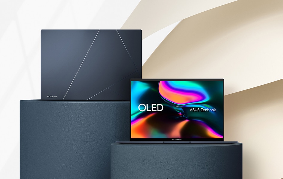 Two Zenbook 14 OLEDs on pedestals