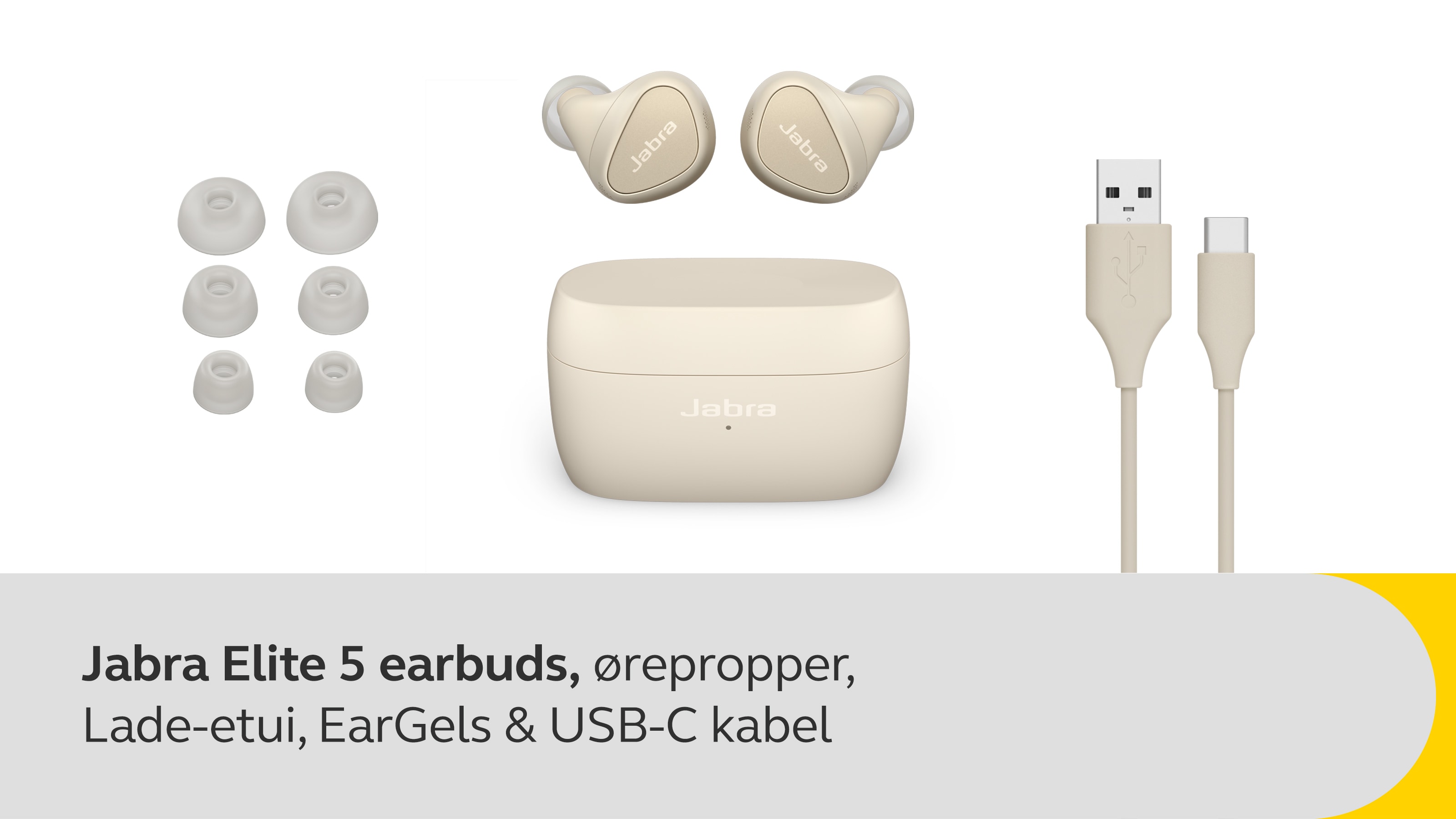 Jabra Elite 5 ørepropper, trådløst ladedeksel, EarGels i 3 størrelser og USB-C-kabel