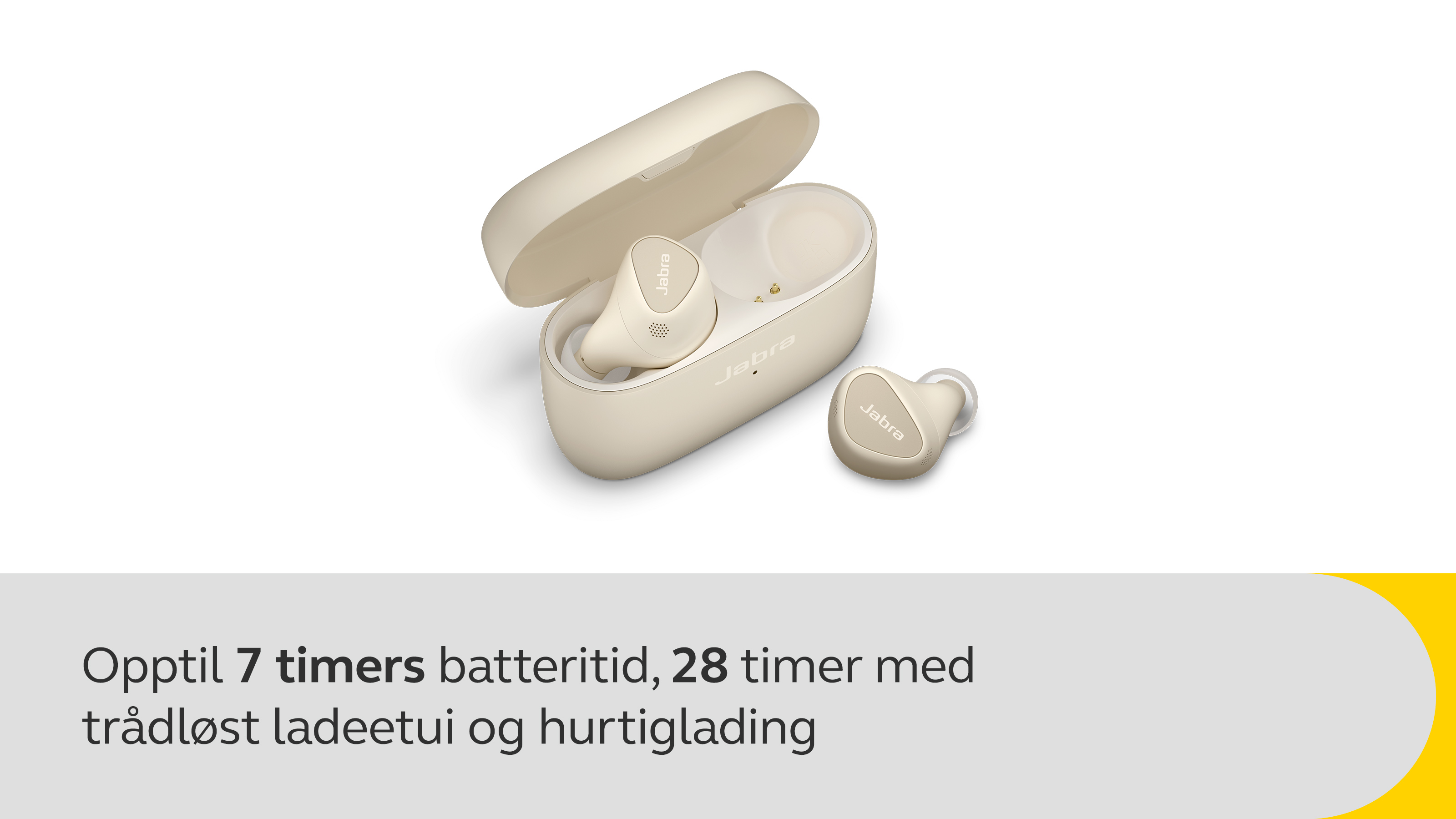 Opptil 7 timer batteritid, 28 med trådløs ladeetui og hurtiglading