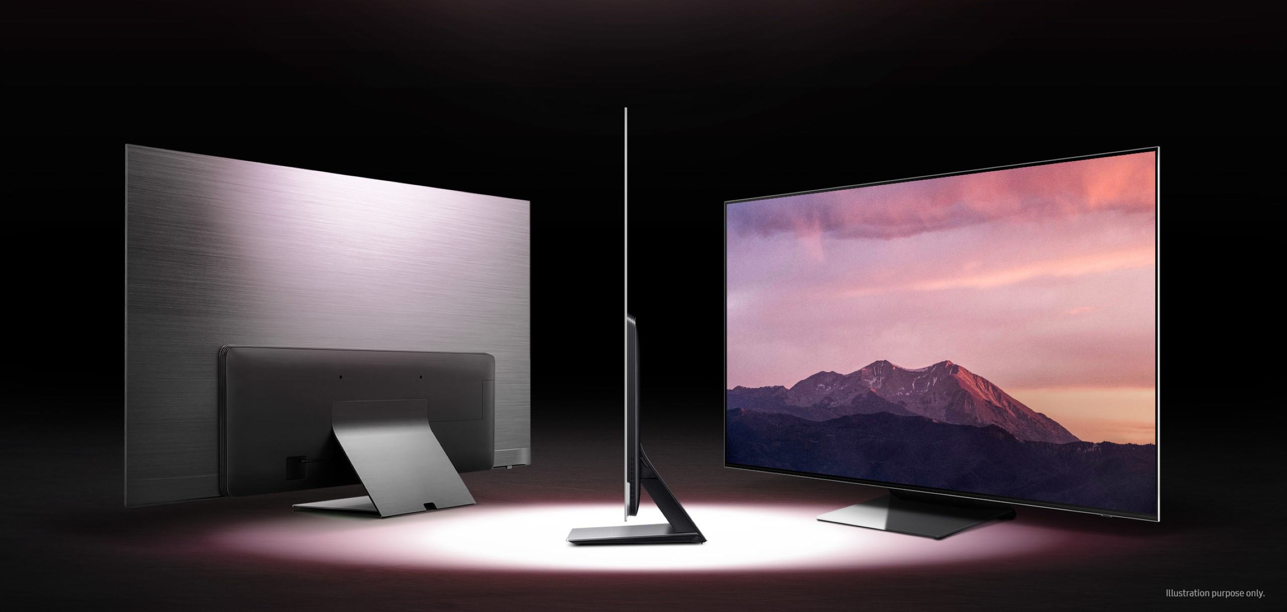 Tre Samsung OLED TV-er i forskjellige vinkler